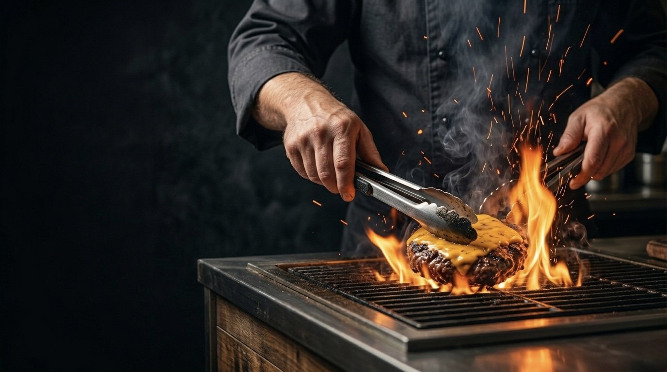 Chef flame-grilling a burger