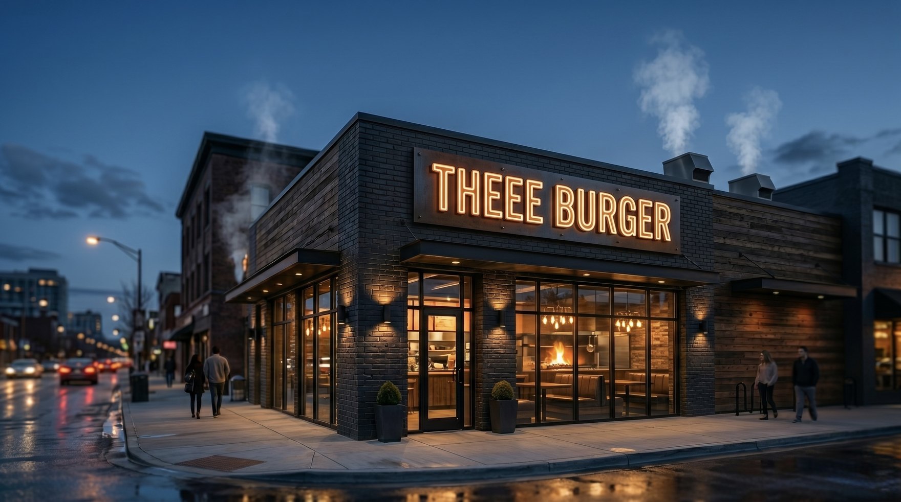 THEEE BURGER storefront at dusk